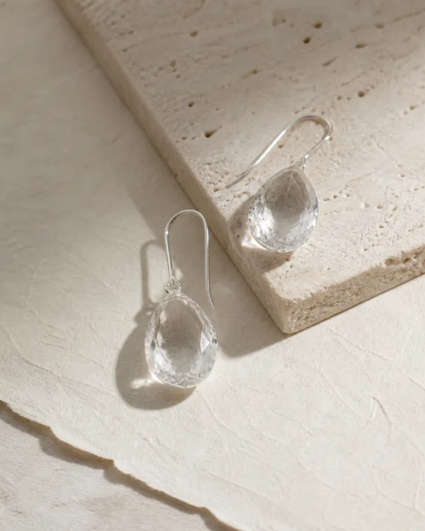 Clear rock crystal drop earrings on pale stone